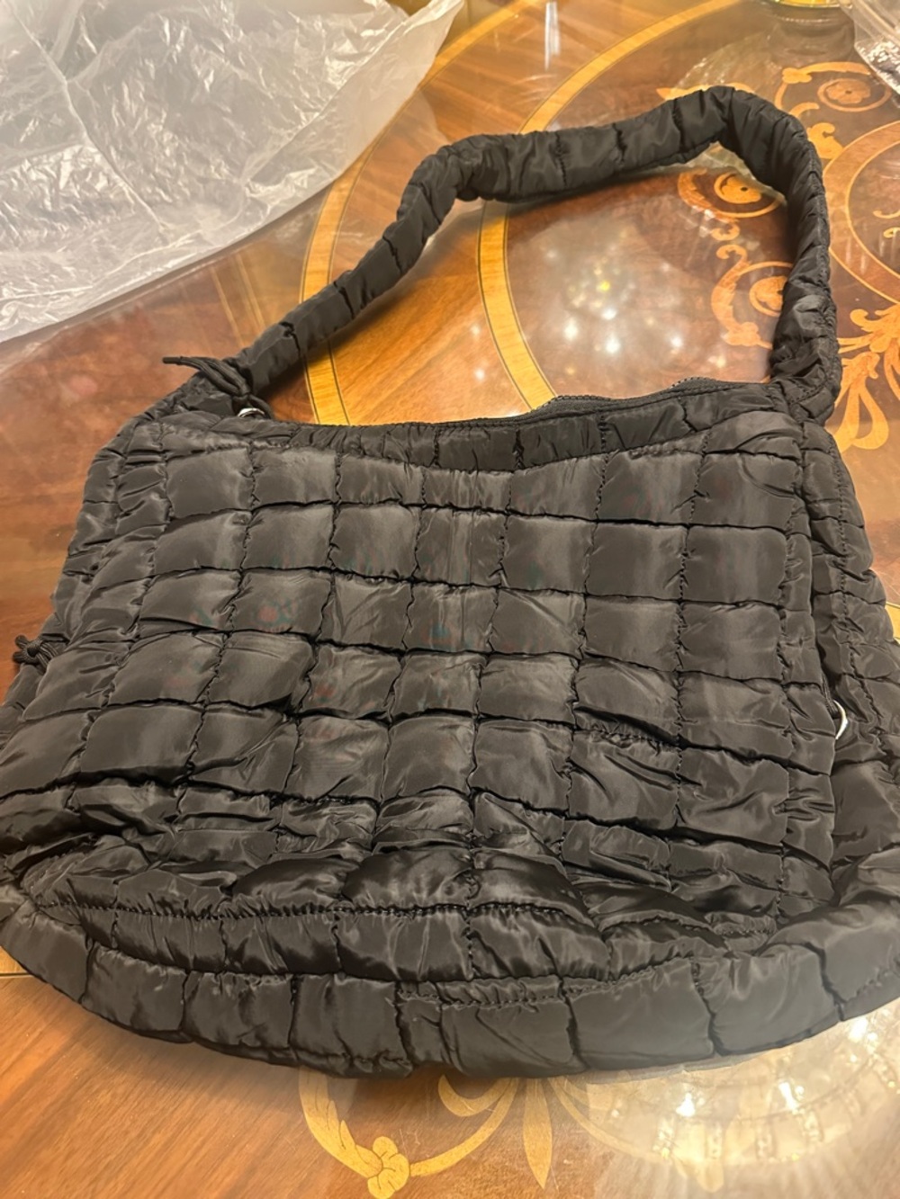 Black Quilted Puffer Shoulder Bag - Casual Everyday Tote